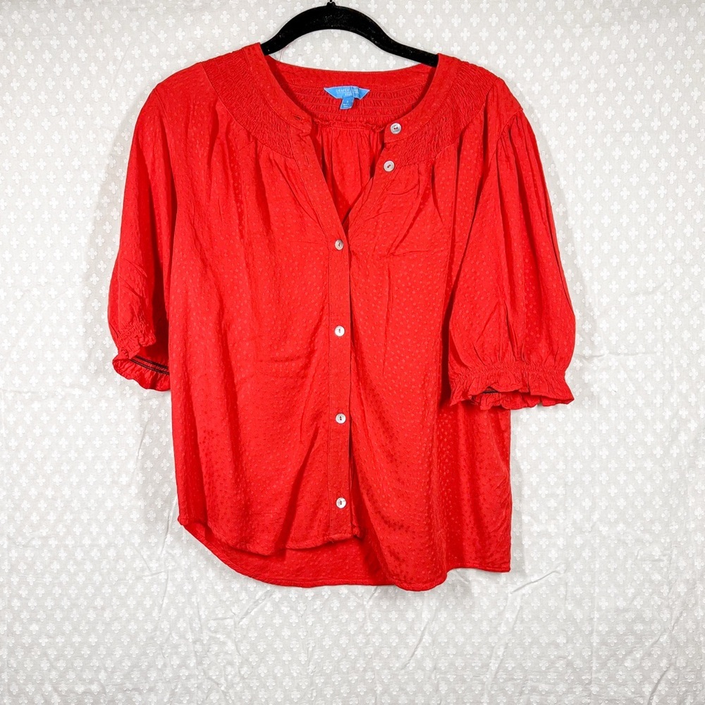 Draper James Red Rayon Button Up‎ Peasant Top